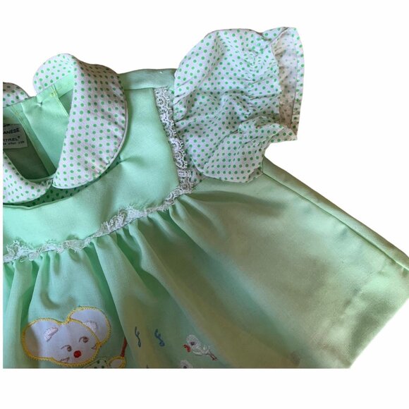 Vintage Seafoam Green Swiss Dot Mouse Embroidered Dress 0-3 Months - Picture 7 of 9